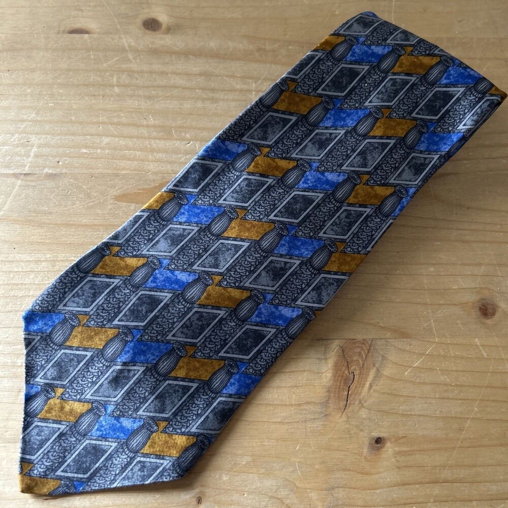 Countess Mara Tie Blue/Grey/Mustard Geometric Silk Necktie w Hang Tag 60 x 3.75